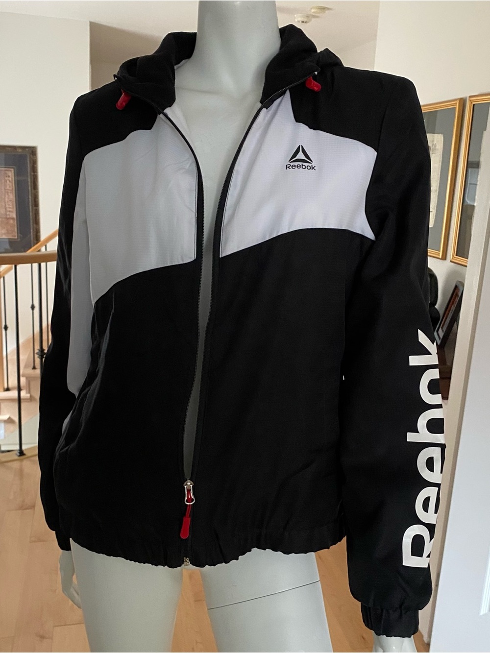 Reebok Black White Hoodie Jacket with Red Accents - Picture 3 of 5
